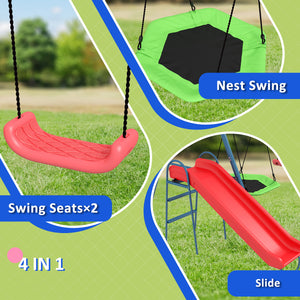 Metal Swing Set for Backyard, 4 in 1 Design with 1 Nest Swing, 2 Seats, 1 Slide, Holds Up to 352 lbs. for Ages 3-8