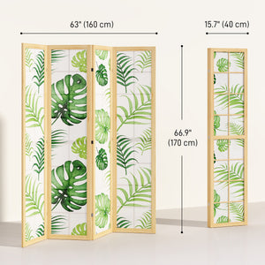 4 Panel Folding Privacy Screen, 67" Room Divider with Palm Leaf Design for Living Room Bedroom, Natural and Green