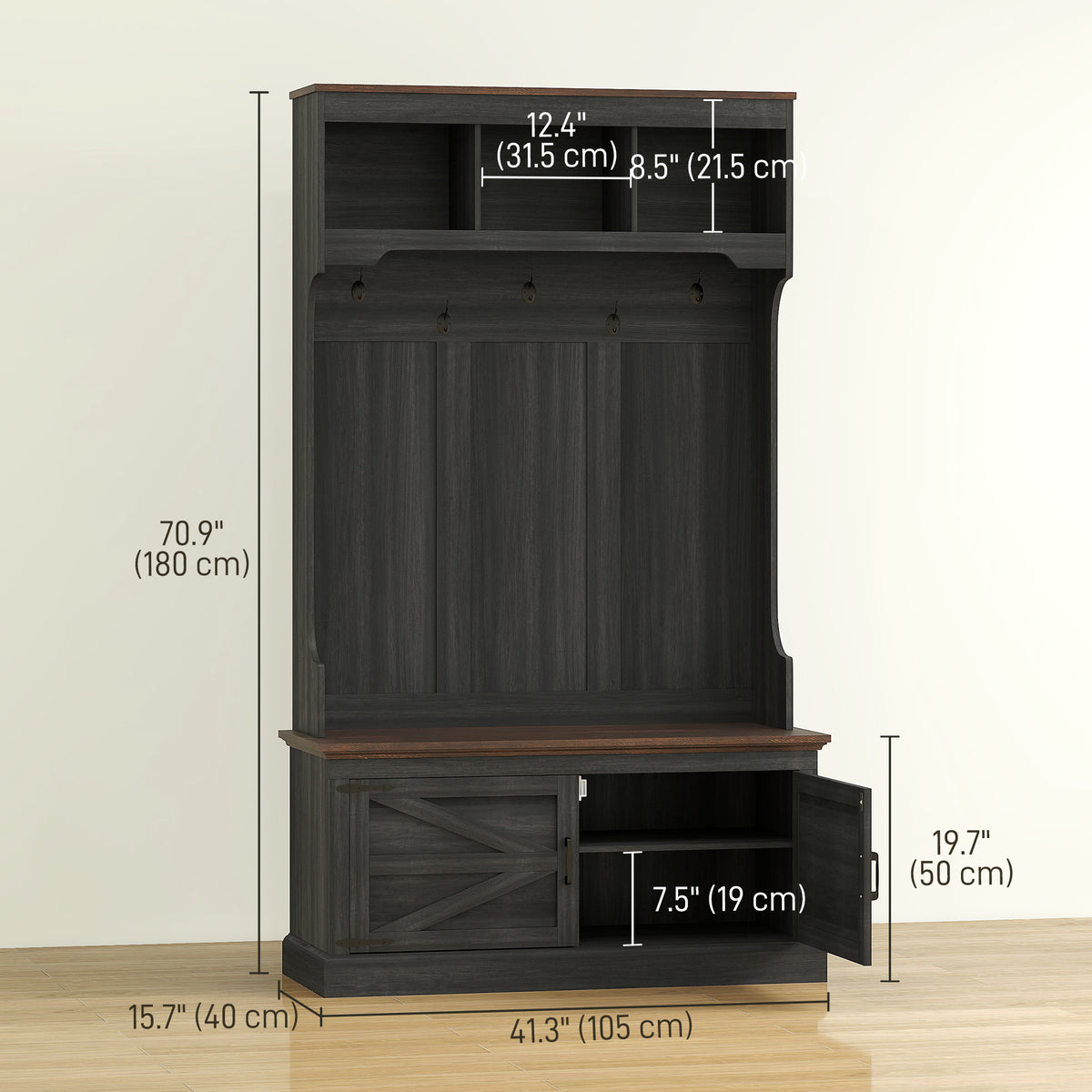 3-in-1 Hall Tree with Bench, Coat Rack with Shoe Storage, Distressed Black – view 2