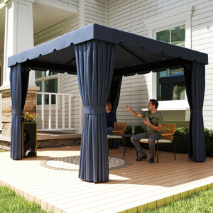 10' x 10' Outdoor Patio Gazebo Double Soft-top Garden Shelter Tent with Curtains, Mesh Screen Drapes, Dark Blue
