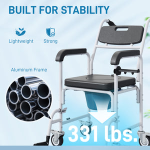 Rolling Shower Chair, Bedside Commode Chair with Wheels, Backrest, Arms, Flip Footrests for Seniors, Disabled, Black