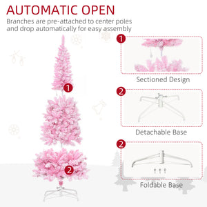 6 Foot Prelit Snow Flocked Artificial Christmas Tree with Pencil Shape, 500 Pine Realistic Branches, Warm White LED lights, Auto Open, Pink and White