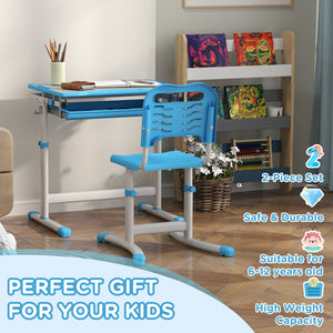 Qaba Height Adjustable Study Table and Chair Set with Drawer, Pen Slot, Tiltable Desktop, Hook