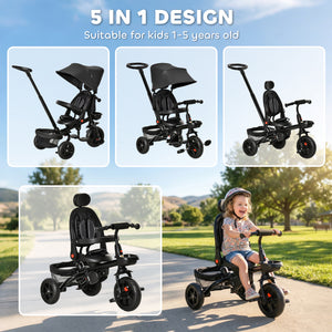 Qaba Tricycle for Toddler 5 in 1 Kids Trike, Foldable Converts Stroller to Toddler Bike, Adjustable Backrest & Curved Canopy, Detachable Guardrail & Handle for 1-5 Years Old