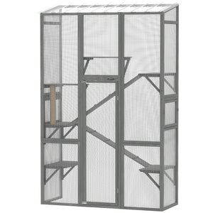 Large Outdoor Catio with 6 Jumping Platforms, Scratching Post, 2 Ramps, Waterproof Roof, Grey