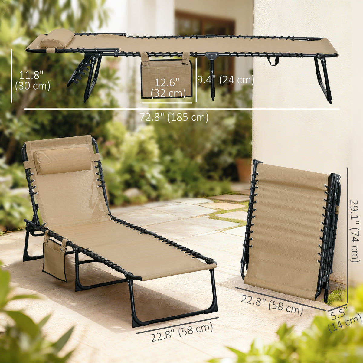 Outdoor Folding Chaise Lounge, Reclining Lounge Chair with Adjustable Backrest and Removable Pillow, Beige