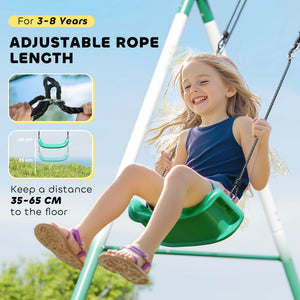 Qaba Metal Swing Set with Slide, Saucer Swing Seat, Heavy Duty A-Frame Stand and Adjustable Rope for Backyard, Dark Green