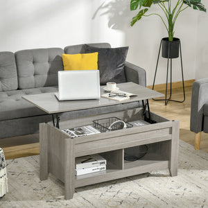 Lift Top Coffee Table with Hidden Storage Compartment and Open Shelves, Lift Tabletop Pop-Up Center Table for Living Room, Dark Walnut