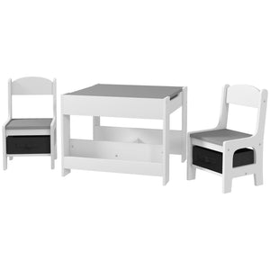 Qaba 3 Piece Kids Table and Chair Set with Reversible Tabletop, Blackboard, Storage, Bookshelf, for Playroom, Nursery
