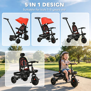 Qaba Tricycle for Toddler 5 in 1 Kids Trike, Foldable Converts Stroller to Toddler Bike, Adjustable Backrest & Curved Canopy, Detachable Guardrail & Handle for 1-5 Years Old