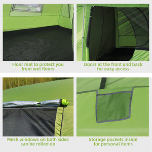 Tunnel Tent Camping Shelter w/ Porch, Two Rooms, Lamp Hook, Portable Carry Bag, Green