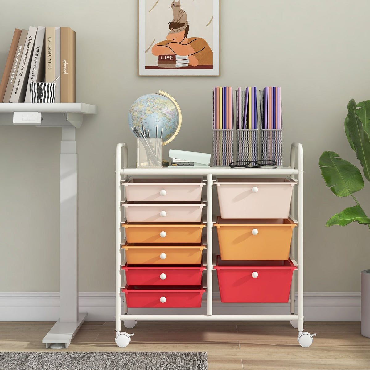 9-Drawer Rolling Storage Cart with Colorful Drawers and Metal Frame-Macaron view 2