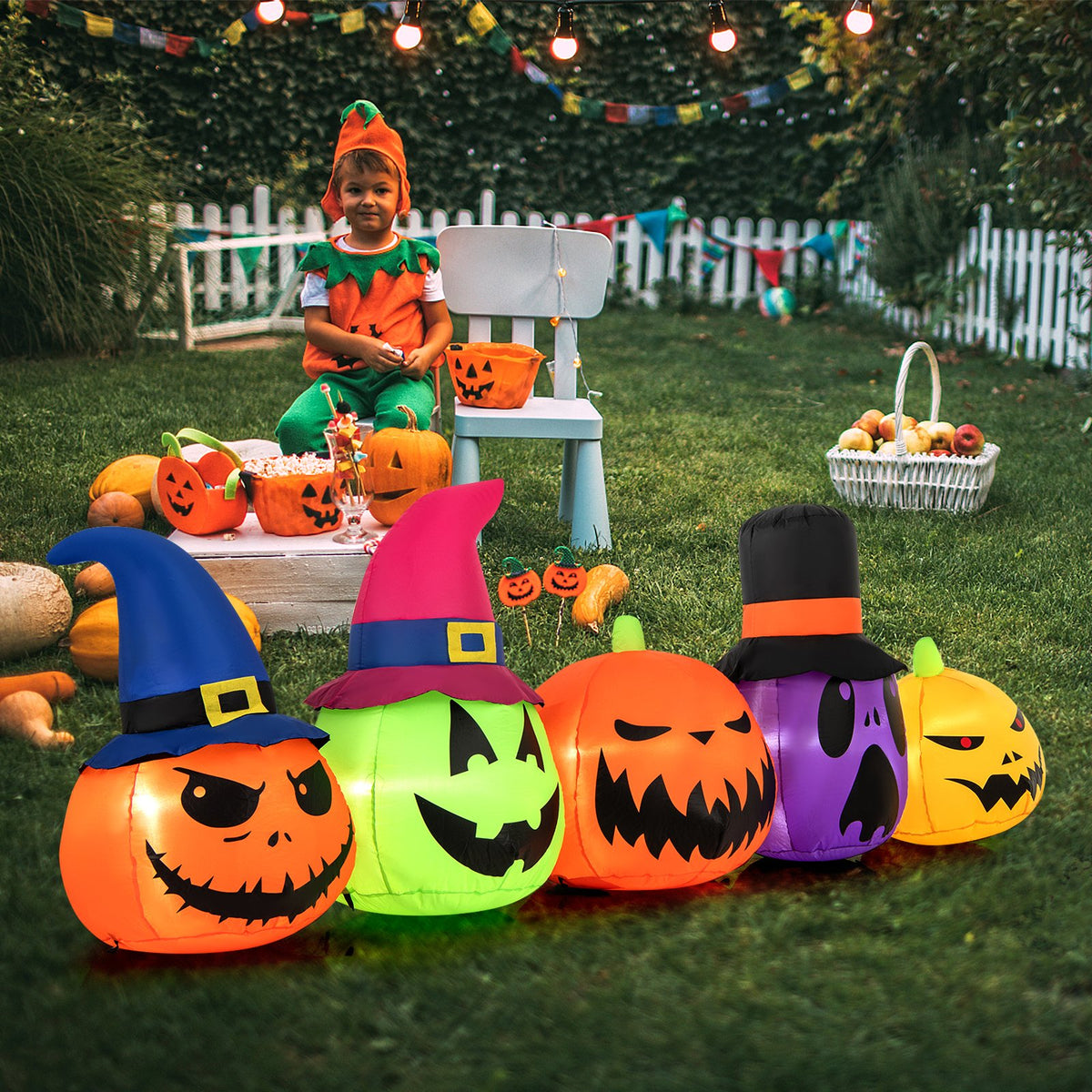 9 Feet Inflatable Pumpkin Patch Family with Built-in LED Lights and Witch Hats view 2