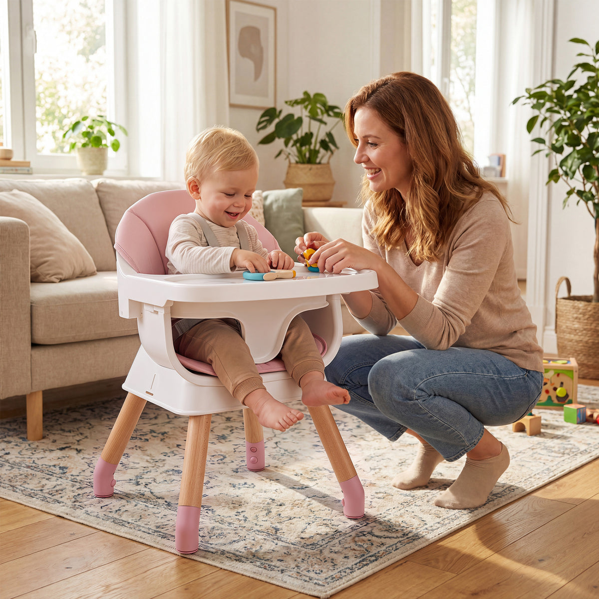 9-in-1 Convertible High Chair with Solid Wood Legs for Babies and Toddlers-Pink view 2
