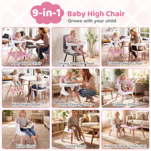 9-in-1 Convertible High Chair with Solid Wood Legs for Babies and Toddlers-Pink view 6