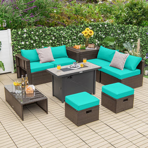 9 Pieces Outdoor Patio Furniture Set with 42 Inch Propane Fire Pit Table-Turquoise view 2
