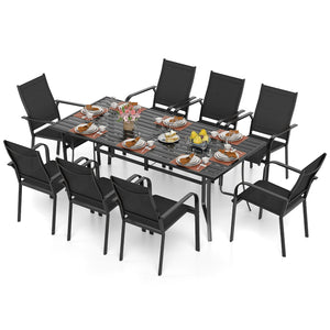 9 Pieces Patio Dining Set for 8 Stackable Chairs and Outdoor Rectangular Table-Black view 3