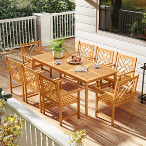 9-Pieces Patio Dining Table Set Wood Rectangular Dining Table with 8 Chairs and Slatted Tabletop view 2