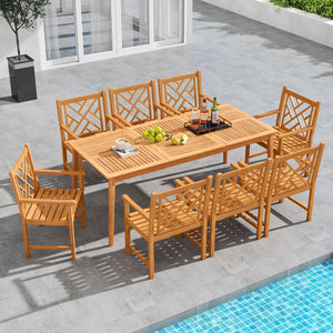 9-Pieces Patio Dining Table Set Wood Rectangular Dining Table with 8 Chairs and Slatted Tabletop view 3