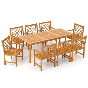 9-Pieces Patio Dining Table Set Wood Rectangular Dining Table with 8 Chairs and Slatted Tabletop view 4