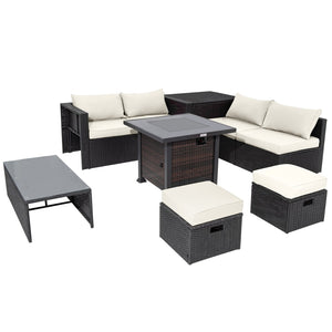 9 Pieces Patio Furniture Set with 32ā Fire Pit Table and 50000 BTU Square Propane Fire Pit-White