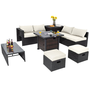 9 Pieces Patio Furniture Set with 32ā Fire Pit Table and 50000 BTU Square Propane Fire Pit-White view 4