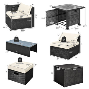 9 Pieces Patio Furniture Set with 32ā Fire Pit Table and 50000 BTU Square Propane Fire Pit-White view 5