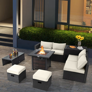 9 Pieces Patio Furniture Set with 32ā Fire Pit Table and 50000 BTU Square Propane Fire Pit-White view 7