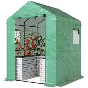 Greenhouse with Raised Garden Bed, Galvanized Metal Planter Box with PE Cover, Roll Up Door