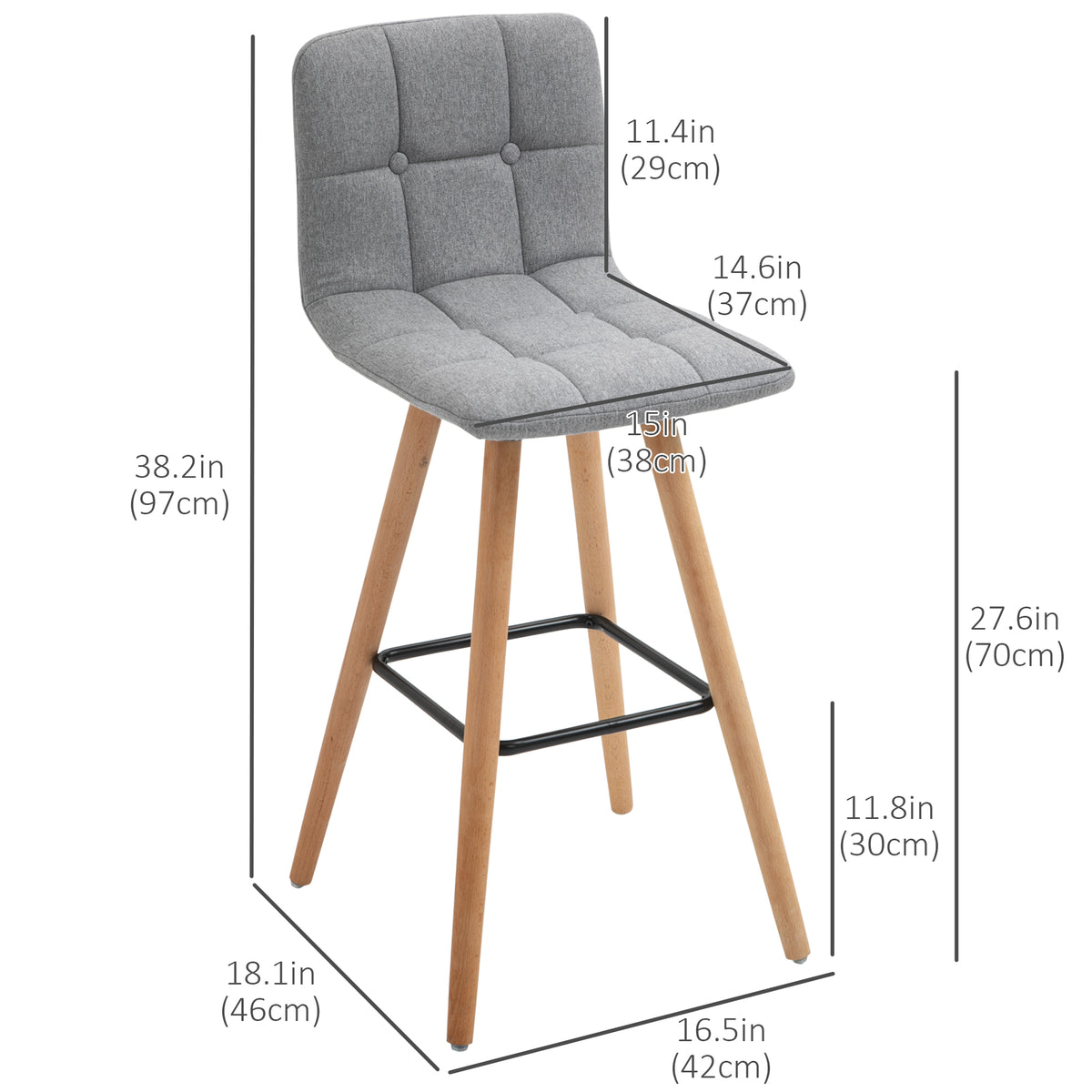 Modern Bar Stools Set of 2, 38" Upholstered Kitchen Island Stool with Solid Wood Legs, Grey – view 2