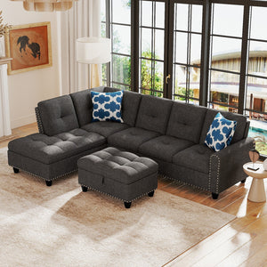 98 Inches Sectional Sofa Couch with Movable Storage Ottoman and Linen Fabric Backs-DG view 2