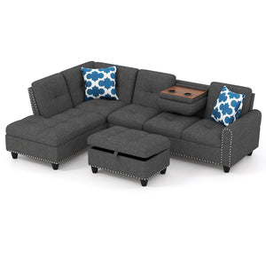 98 Inches Sectional Sofa Couch with Movable Storage Ottoman and Linen Fabric Backs-DG view 4
