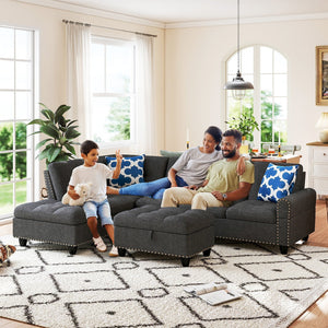 98 Inches Sectional Sofa Couch with Movable Storage Ottoman and Linen Fabric Backs-DG view 6