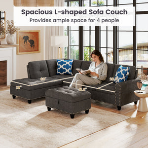 98 Inches Sectional Sofa Couch with Movable Storage Ottoman and Linen Fabric Backs-DG view 8