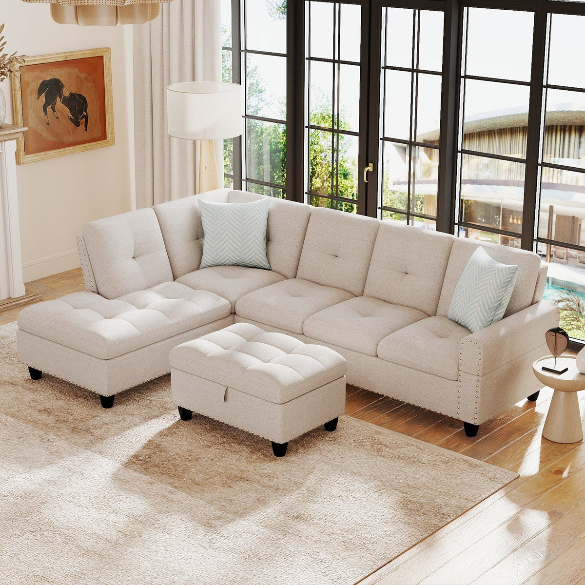 98 Inches Sectional Sofa Couch with Movable Storage Ottoman and Linen Fabric Backs-LR view 2