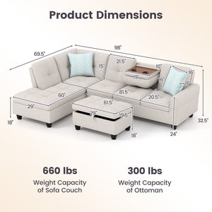 98 Inches Sectional Sofa Couch with Movable Storage Ottoman and Linen Fabric Backs-LR view 5