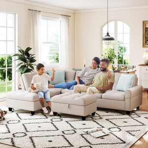 98 Inches Sectional Sofa Couch with Movable Storage Ottoman and Linen Fabric Backs-LR view 6