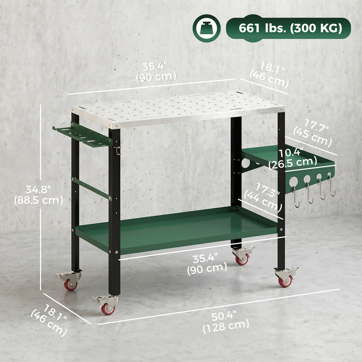 2Tier Rolling Welding Table, Lockable Steel Heavy Duty Welding Workbench Table with Side Tray, Silver & Green