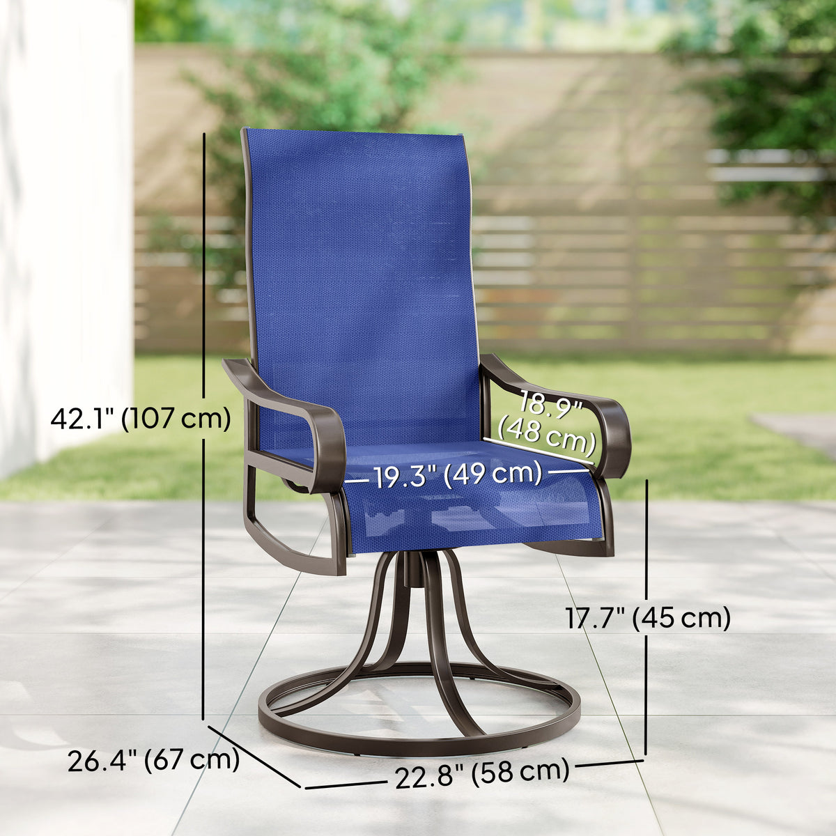 Patio Dining Chairs Set of 2, 360° Swivel Rocking Outdoor Chairs with Armrests, Breathable Mesh, Navy Blue