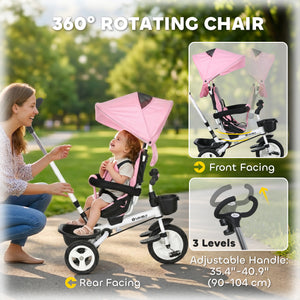 Qaba 6 in 1 Toddler Tricycle with Parent Push Handle, Canopy, Storage Baskets, Cupholder, Dark