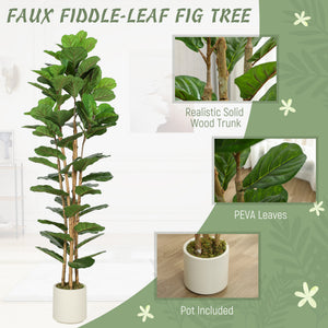 6FT Artificial Fiddle Leaf Fig Tree, Fake Potted Tree with Solid Wood Trunks and Lifelike Leaves for Indoor Decor, Green