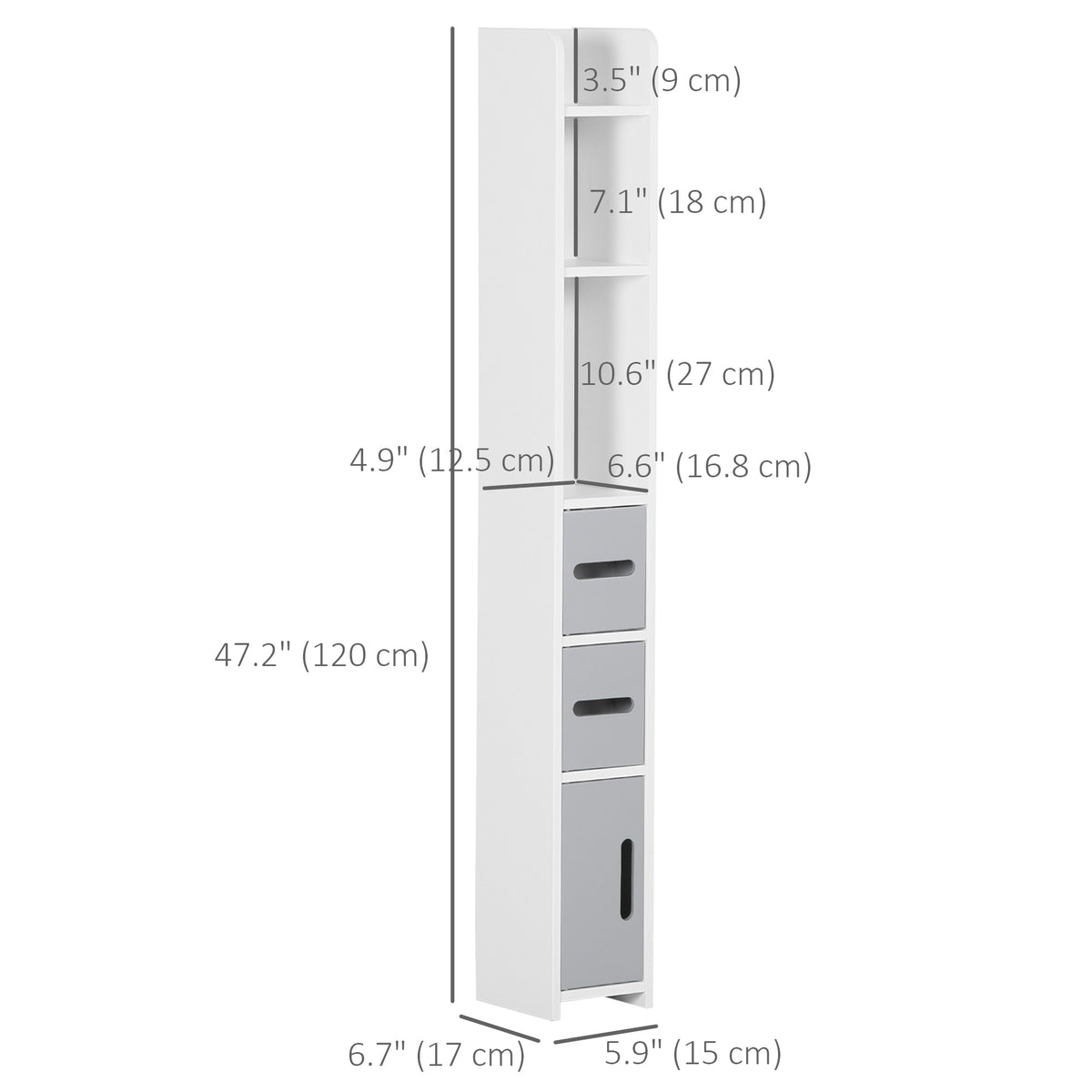 Freestanding Tall Bathroom Cabinet, Narrow Bathroom Storage Cabinet with Shelves and Cupboards, Grey and White
