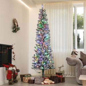 6ft Prelit Pencil Artificial Christmas Tree, Flocked Xmas Tree with Remote, Dual Colour LEDs, 429 Tips, Metal Stand