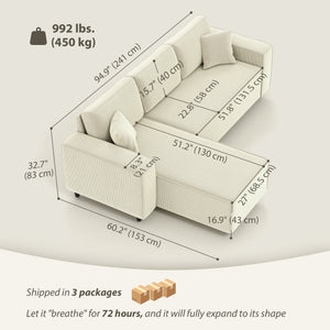 Corner Sofa with Changeable Chaise, Corduroy L-Shaped Sectional Sofa with Pocket Spring, 2 Pillows – view 9