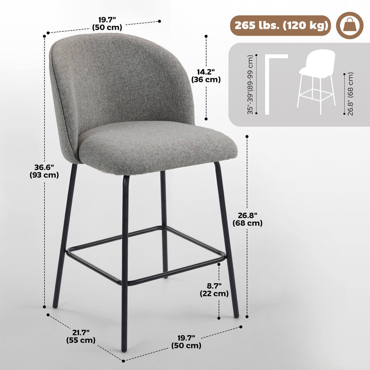 Set of 2 Counter Height Barstools, Upholstered Linen Bar Stools with Backrest, Footrest and Steel Legs – view 2