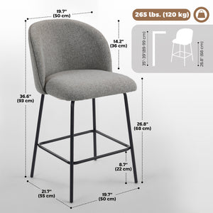 Set of 2 Counter Height Barstools, Upholstered Linen Bar Stools with Backrest, Footrest and Steel Legs – view 2