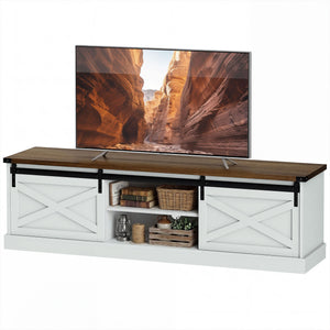 TV Stand for TVs up to 65 Inch, Entertainment Center with Shelves, Cabinets, Sliding Barn Doors, Thick Top, White