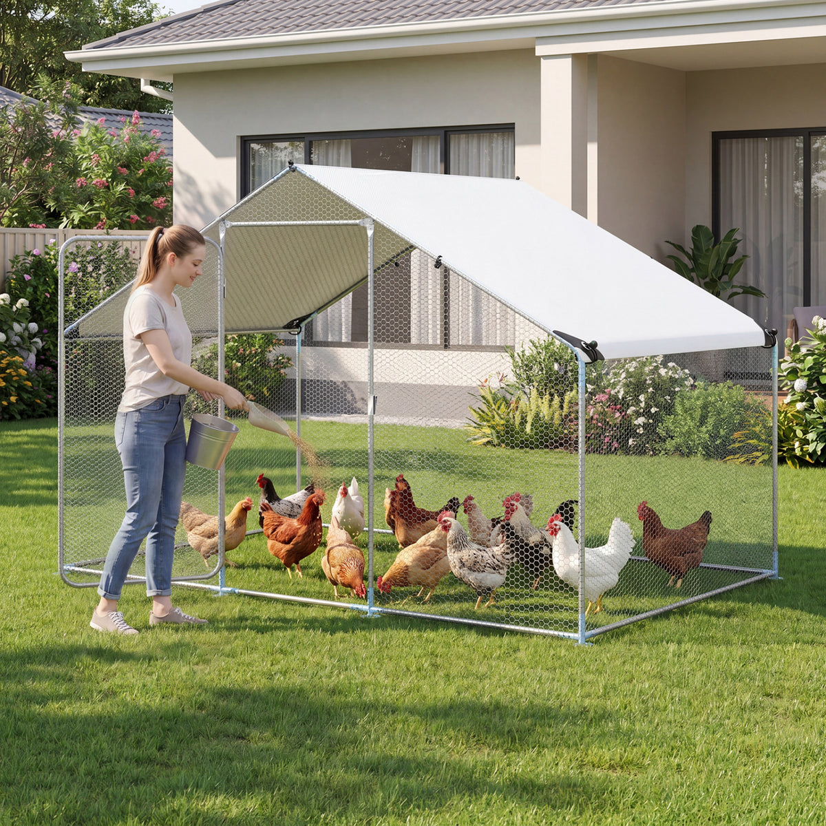 9.8 x 6.7 Feet Large Metal Chicken Coop with Waterproof Cover view 2