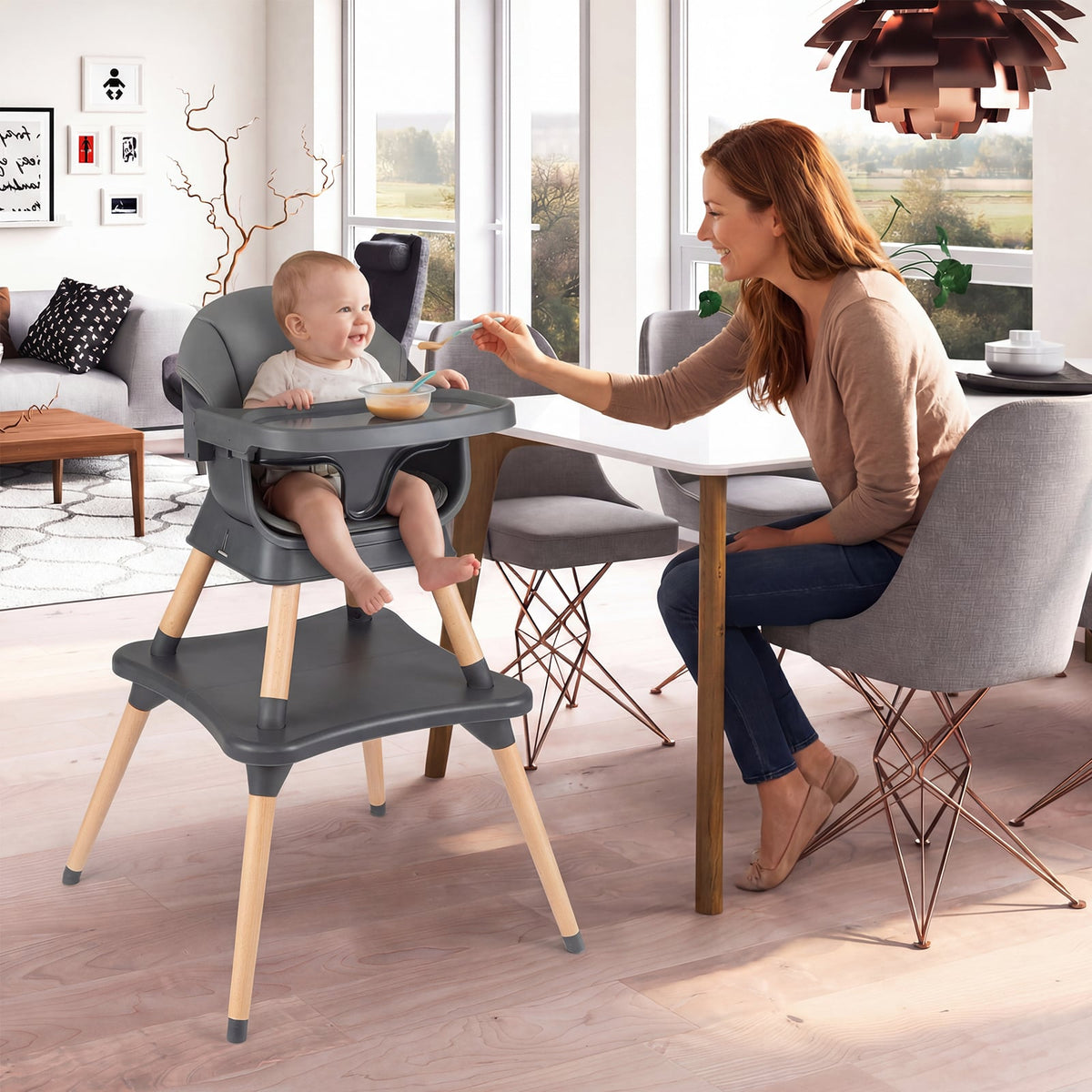 9-in-1 Convertible High Chair with Solid Wood Legs for Babies and Toddlers-Gray view 2