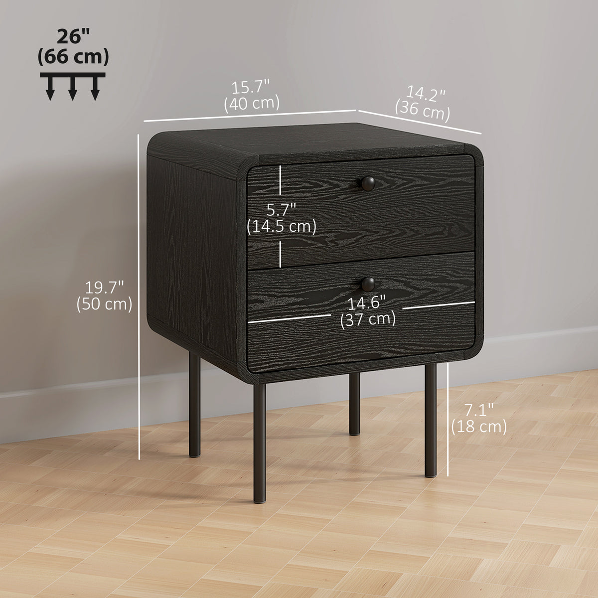 Modern Bedside Tables Set of 2, 2 Pieces Nightstands with 2 Storage Drawers and Steel Legs for Bedroom, Black Wood Grain